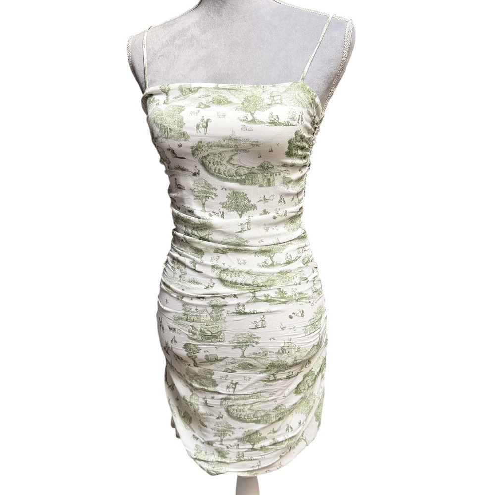 WeWoreWhat Toile De Jouy Ruched Mini Dress Green White Small Viscose Strappy